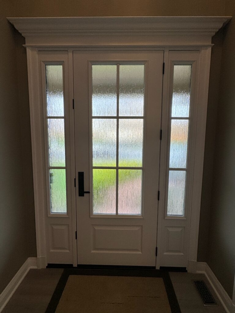 White french-style front entry door with 9-lite rain glass and matching sidelights, viewed from the foyer.