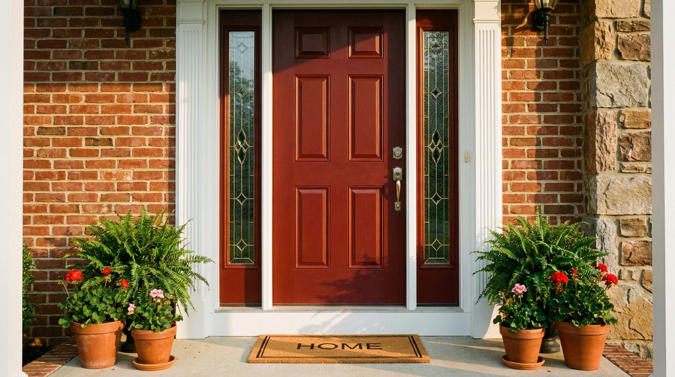 Newly installed front entry on a Northern Virginia colonial home, welcoming porch detail