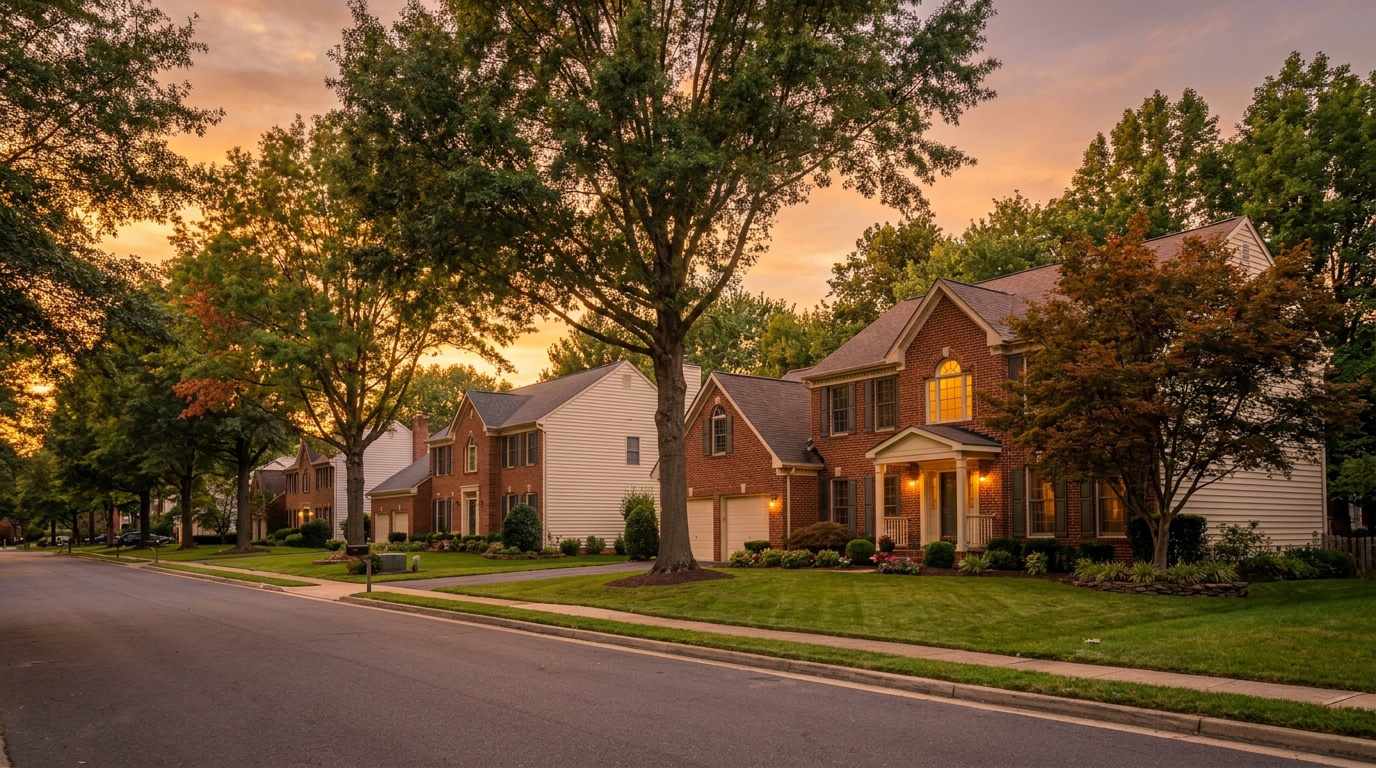 Northern Virginia residential neighborhood, row of well-maintained Loudoun and Fairfax County colonials at golden hour