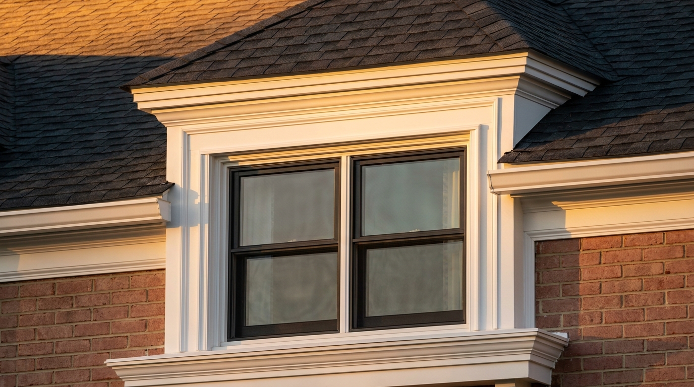 Newly installed exterior trim and roofline detail on a Northern Virginia colonial home