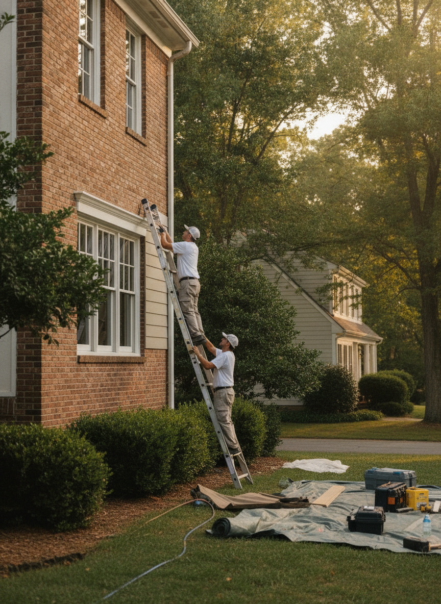 Virginia Exteriors installers working on a Northern Virginia colonial home