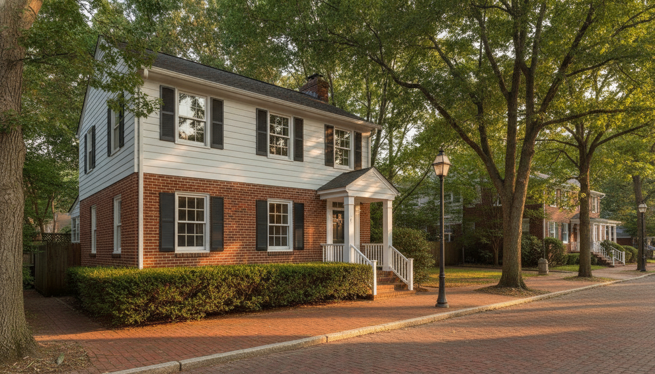 Alexandria, Virginia residential exterior — 1920s brick and clapboard home on a brick sidewalk street