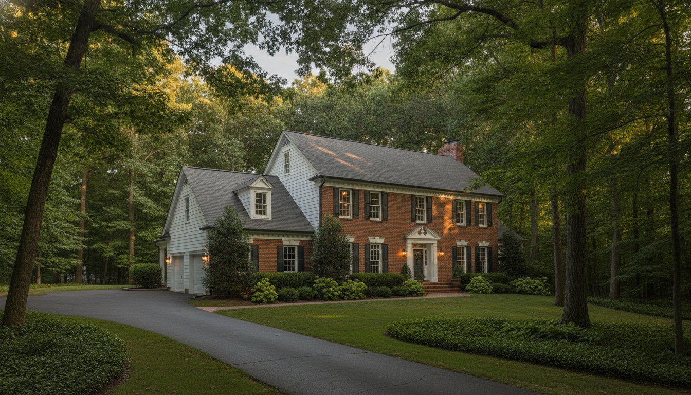 Great Falls, Virginia residential exterior โ brick colonial on a wooded two-acre lot