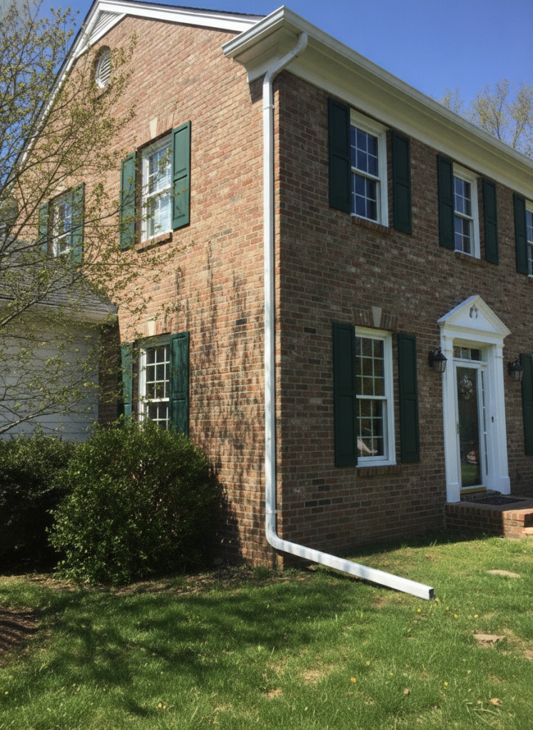 Seamless white K-style gutters and a downspout on a brick Northern Virginia colonial home