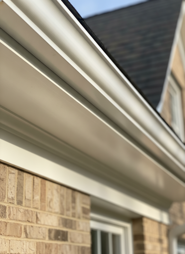 Bright white PVC-coated aluminum-wrapped fascia and soffit trim on a brick Northern Virginia home
